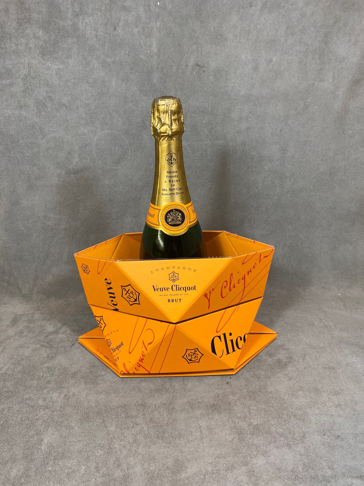 Vintage Veuve Clicquot Clicq'up folding champagne bucket by Mathias van de Walle in cardboard and orange plastic 1990s