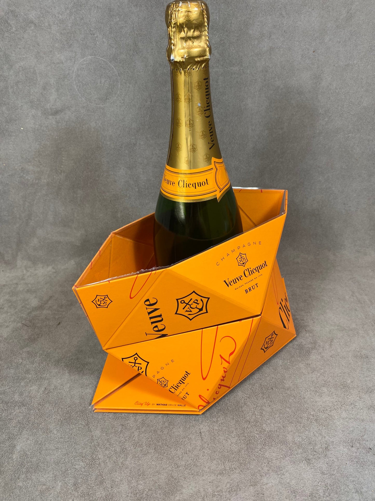 Vintage Veuve Clicquot Clicq'up folding champagne bucket by Mathias van de Walle in cardboard and orange plastic 1990s