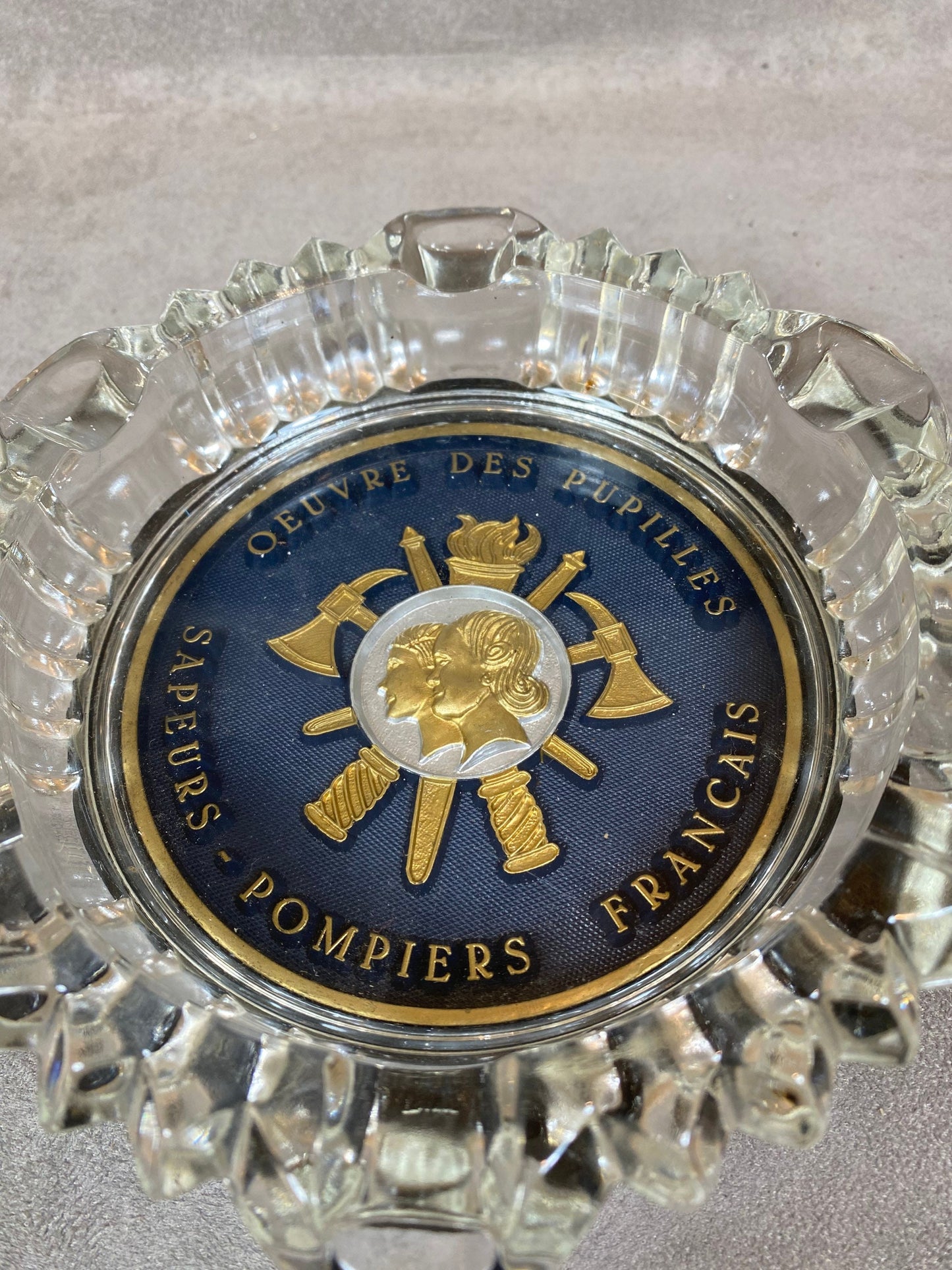 Glass Ashtray, Work of the French Firefighters, Made in France, Vintage 1980