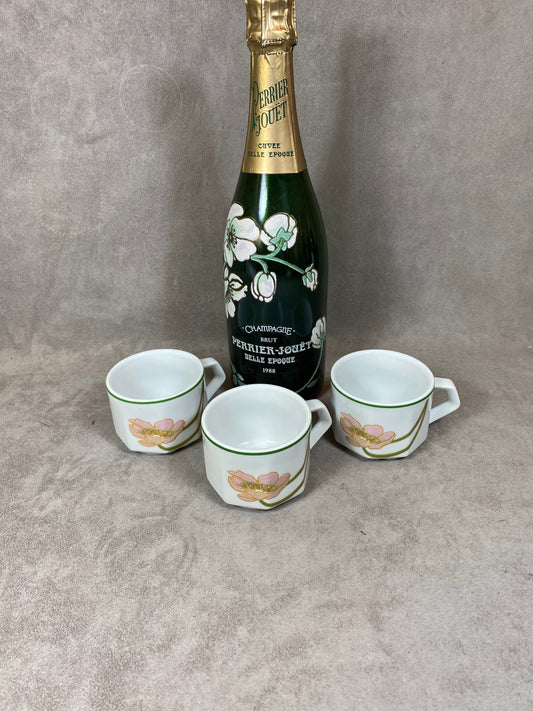 SELTENES Set mit 3 Perrier-Jouët Belle Epoque Porzellan Apilco Tassen Made in France 1970er Jahre