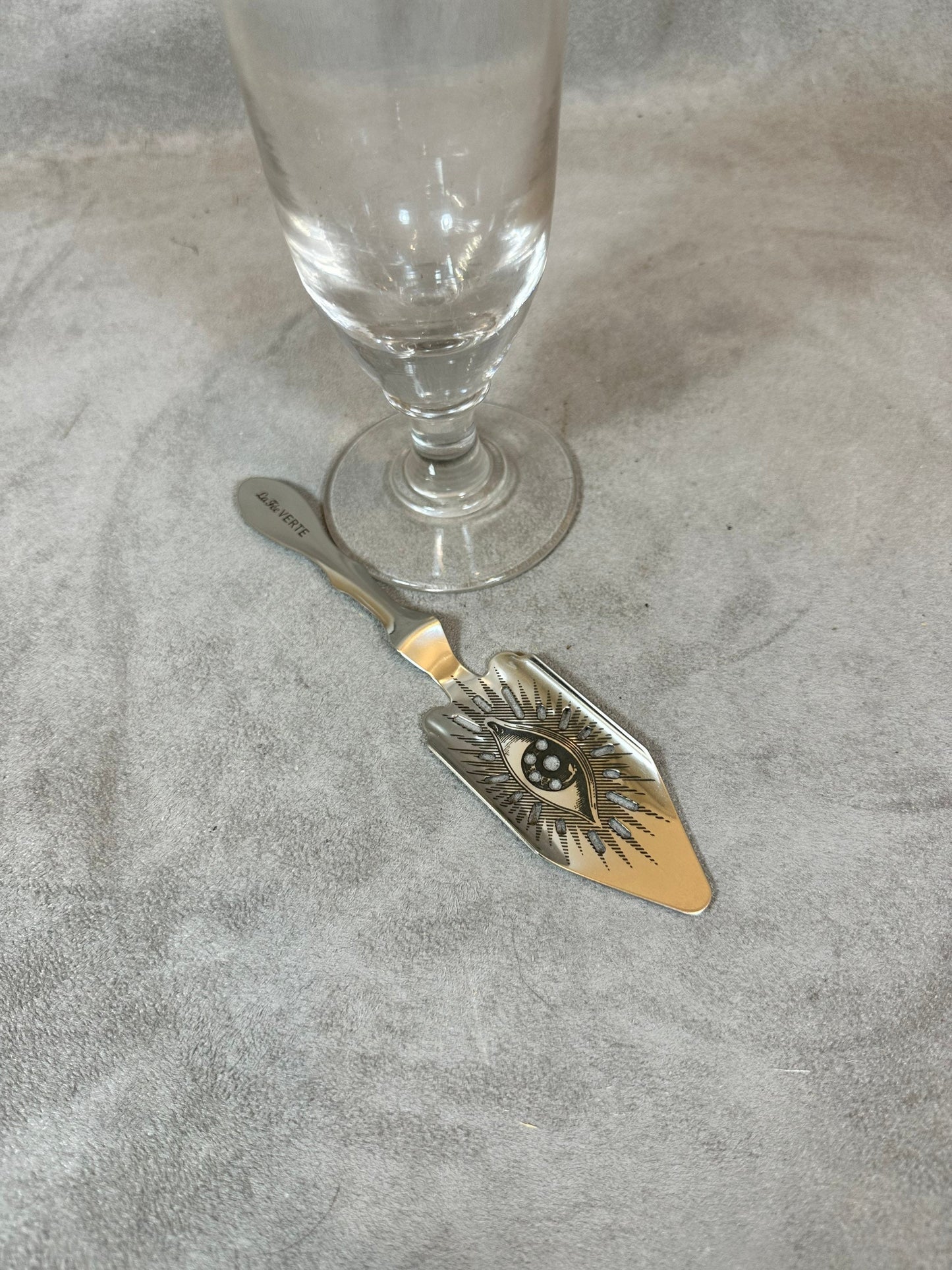 RARE Lot of an absinthe glass and old absinthe spoon in extra white metal vintage 1950 Made in France