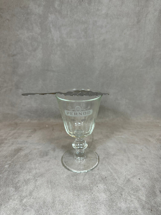 RARE Lot d'un verre a absinthe et ancienne cuillère à absinthe en metal extra blanc vintage 1970 Made in France