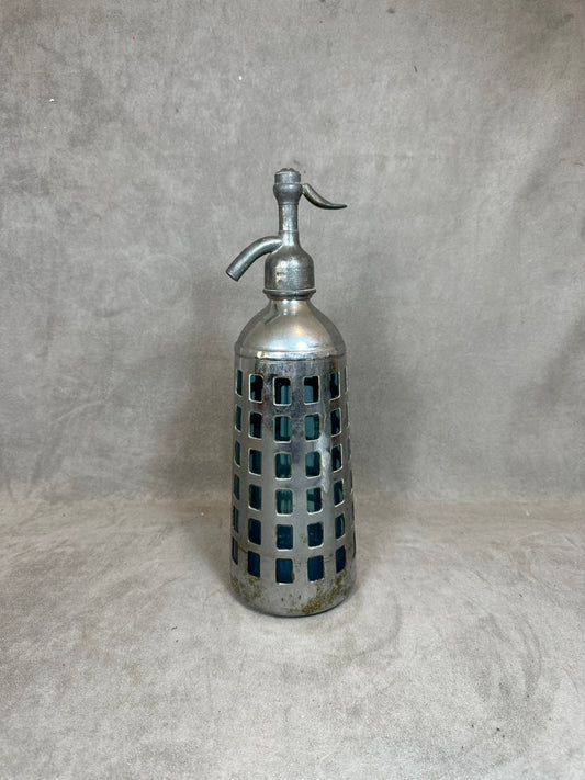 RARE Vintage blue glass seltzer siphon with metal rim Gazo-Siphon lead-free pewter Made in France