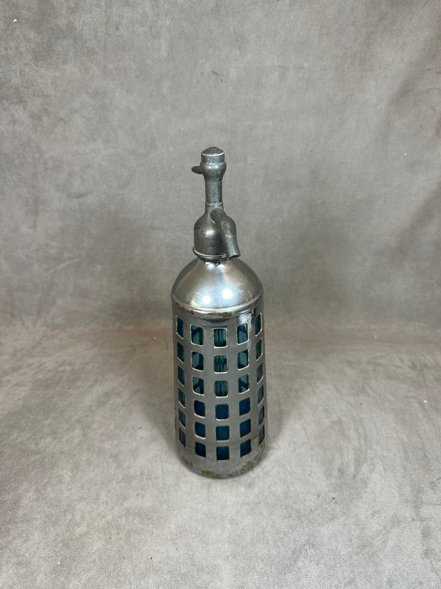 SELTENER Vintage Selterssiphon aus blauem Glas mit Metallrand Gazo-Siphon aus bleifreiem Zinn, hergestellt in Frankreich