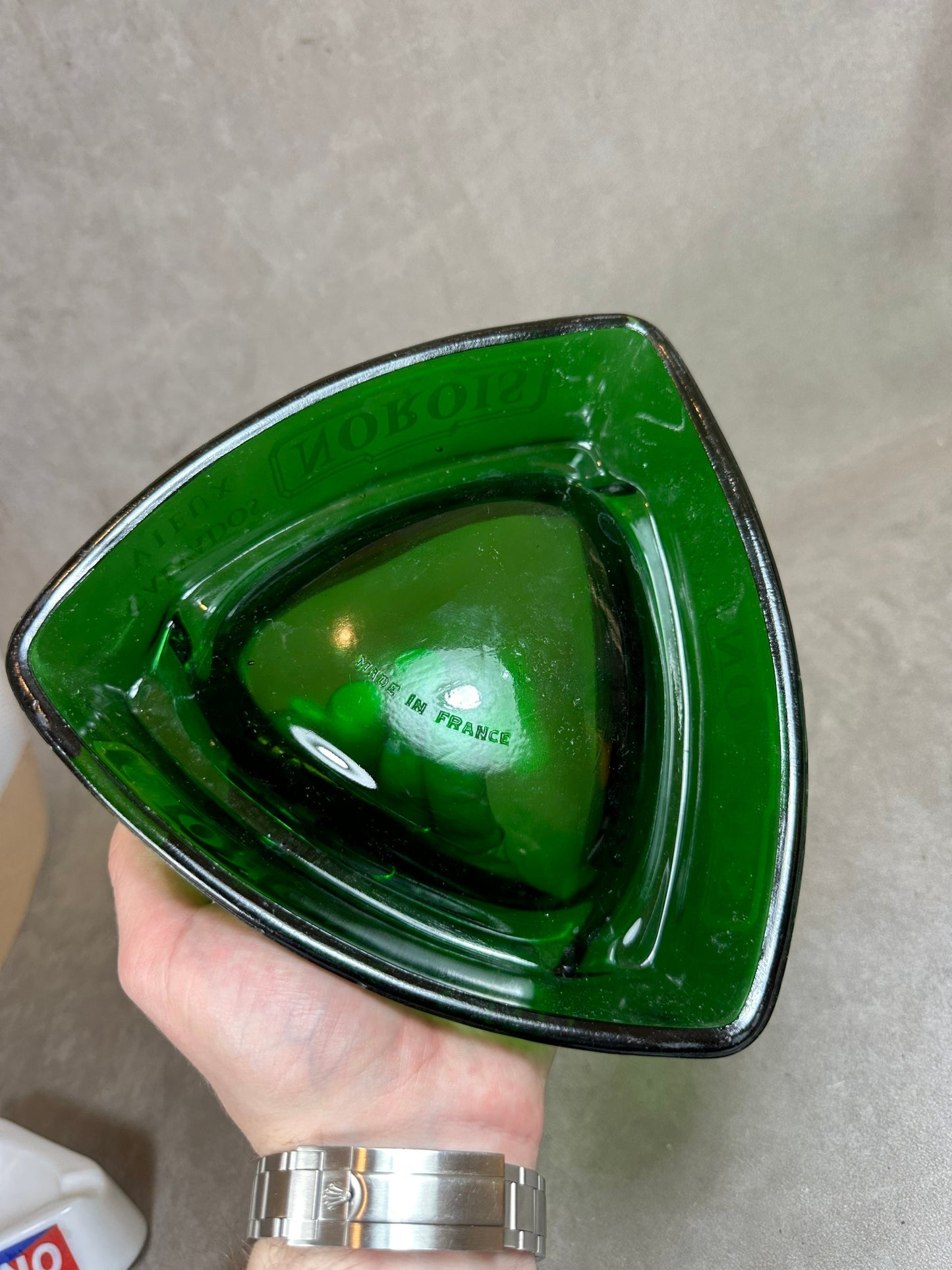 XXL advertising ashtray Calvados NOROIS in green glass