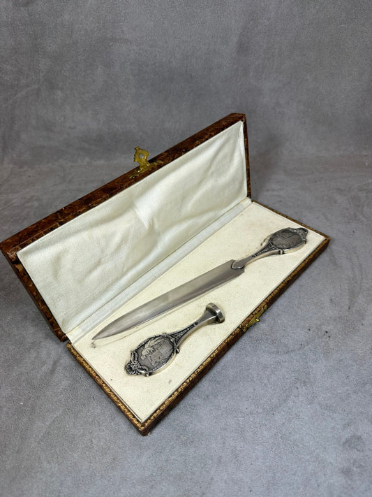 RARE Letter Opener and Blank Bucket Case in Silver Metal, Couple Motif, Made in France, Vintage 1950