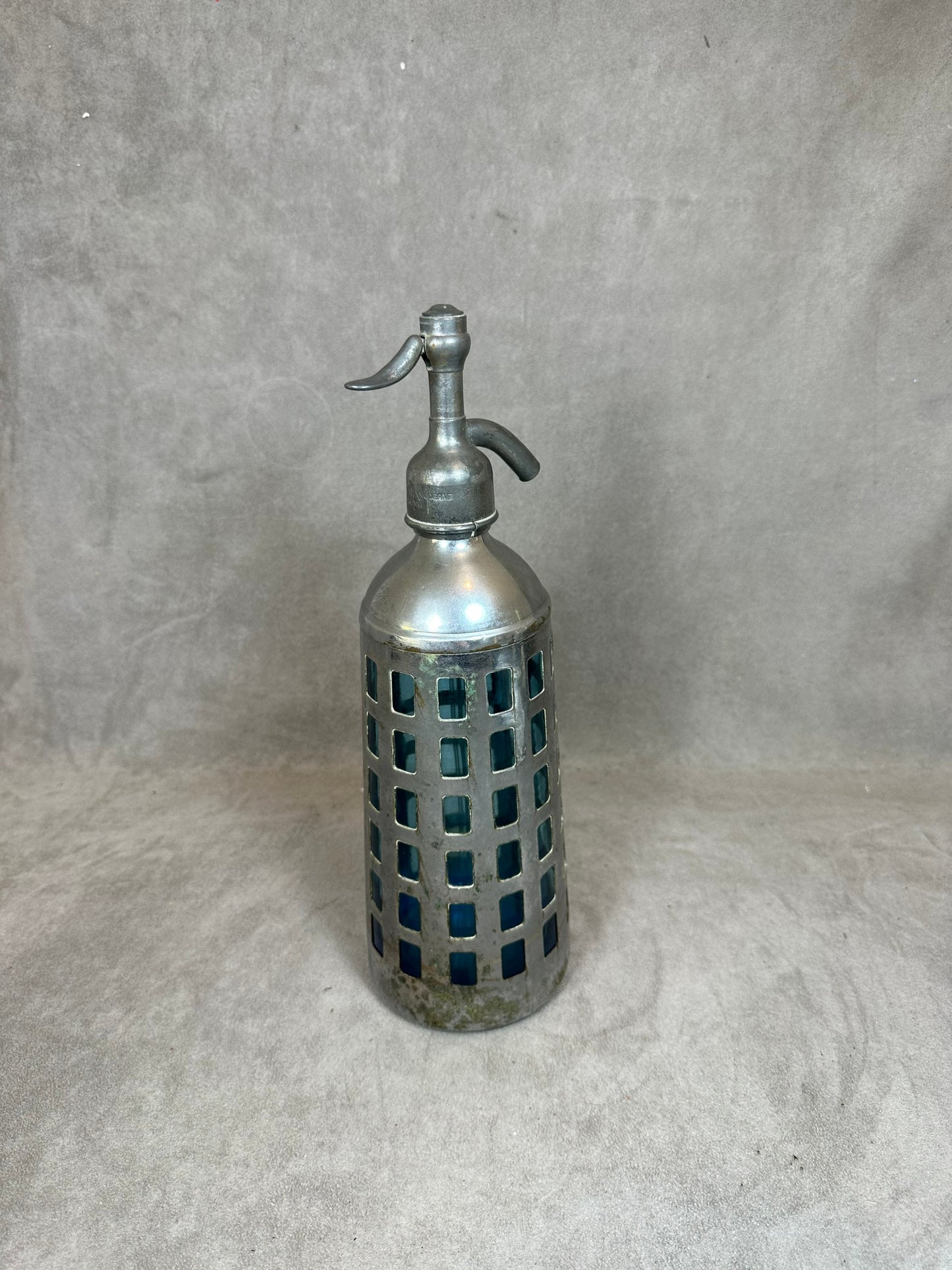 SELTENER Vintage Selterssiphon aus blauem Glas mit Metallrand Gazo-Siphon aus bleifreiem Zinn, hergestellt in Frankreich