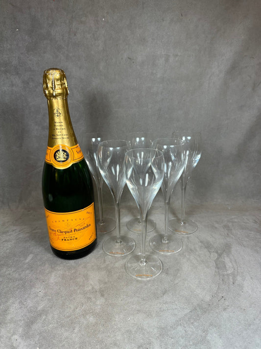 RARE 6 Flûtes Veuve Clicquot L'authentique en verre soufflée bouche vintage made in France