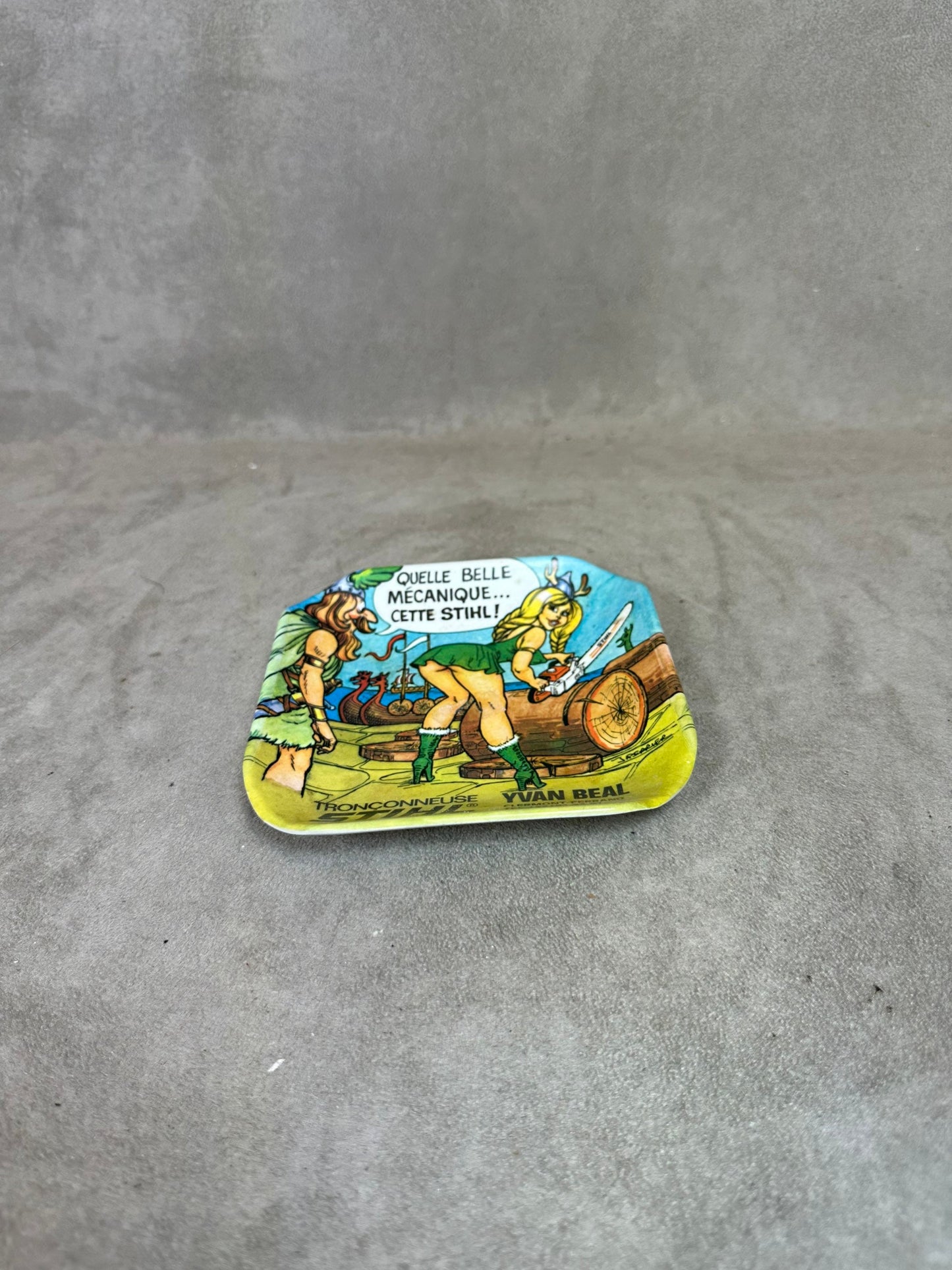 Empty pocket ashtray Advertising Humorous Viking design by J.Perrier, Stihl chainsaw, Made in France, Vintage 1980