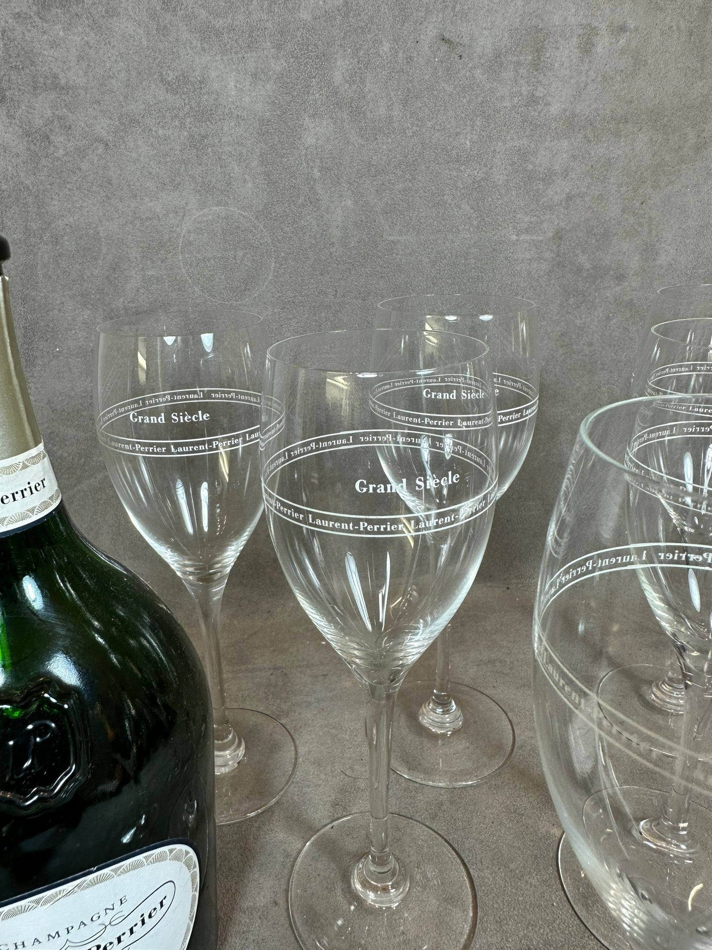 RARE Set of 6 Laurent-Perrier Flutes, Grand Siècle special edition, in vintage mouth-blown glass, made in France, 1970s