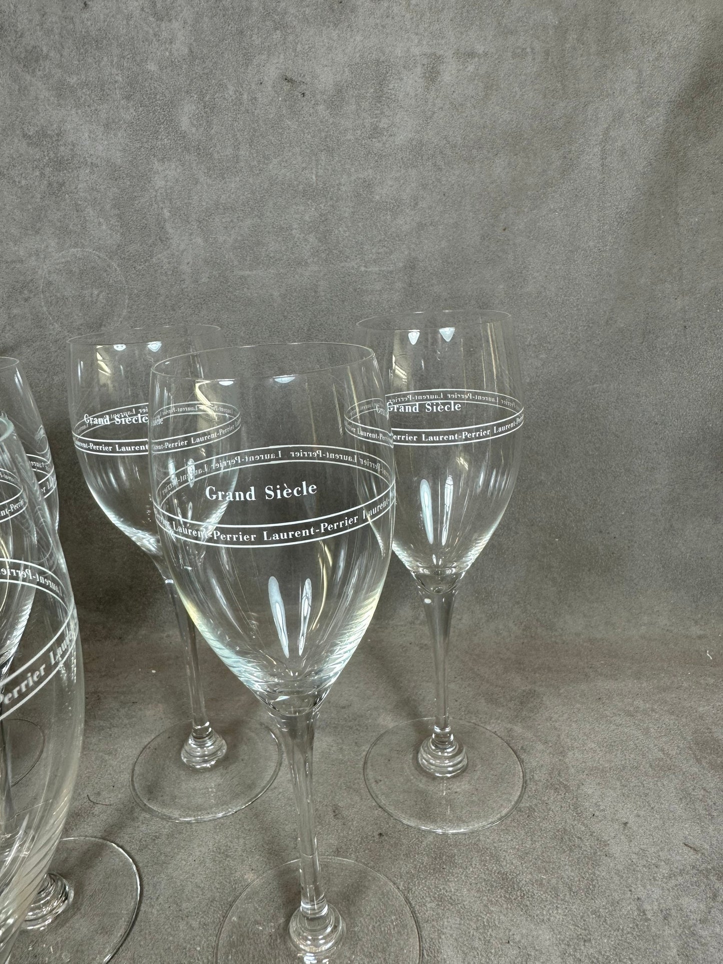 RARE Set of 6 Laurent-Perrier Flutes, Grand Siècle special edition, in vintage mouth-blown glass, made in France, 1970s