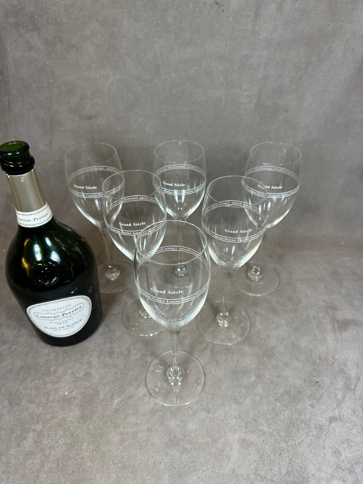 RARE Set of 6 Laurent-Perrier Flutes, Grand Siècle special edition, in vintage mouth-blown glass, made in France, 1970s