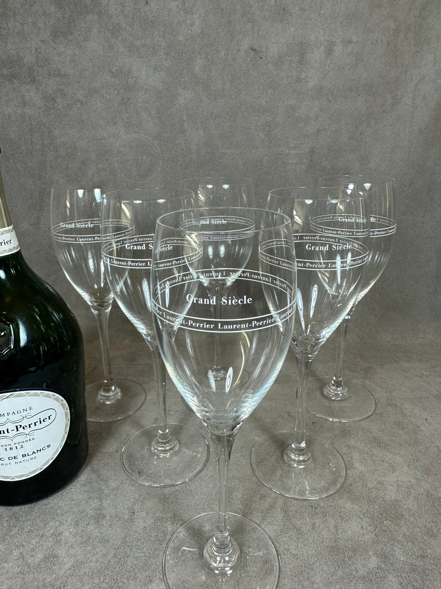 RARE Set of 6 Laurent-Perrier Flutes, Grand Siècle special edition, in vintage mouth-blown glass, made in France, 1970s