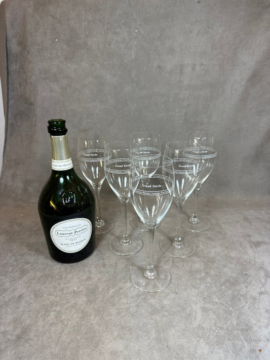 RARE Set of 6 Laurent-Perrier Flutes, Grand Siècle special edition, in vintage mouth-blown glass, made in France, 1970s