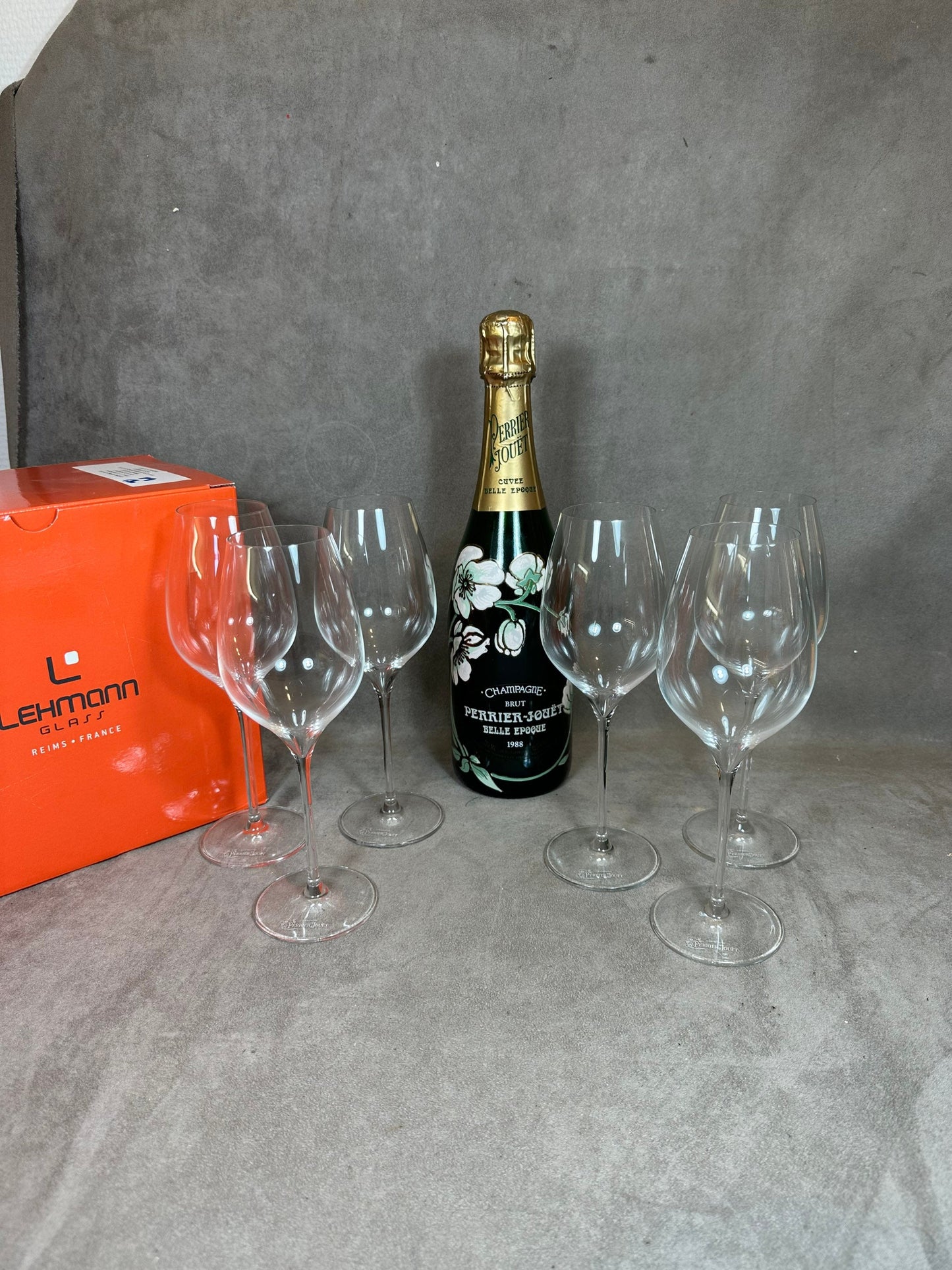 RARE Set of 6 LEHMAN crystal champagne flutes for Perrier-Jouët