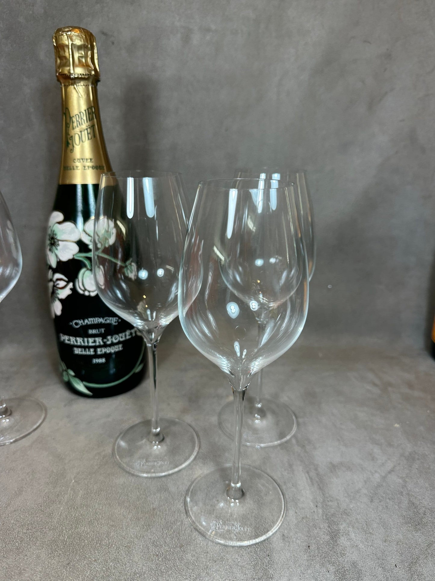 RARE Set of 6 LEHMAN crystal champagne flutes for Perrier-Jouët