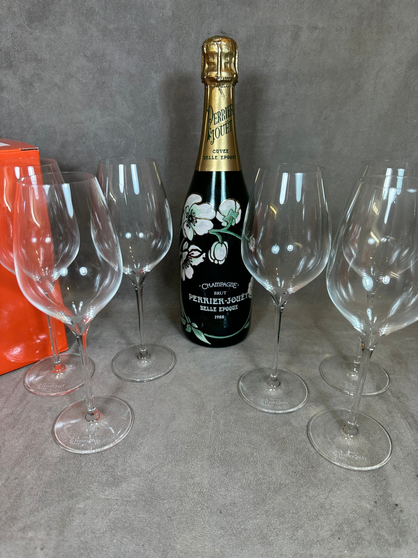 RARE Set of 6 LEHMAN crystal champagne flutes for Perrier-Jouët