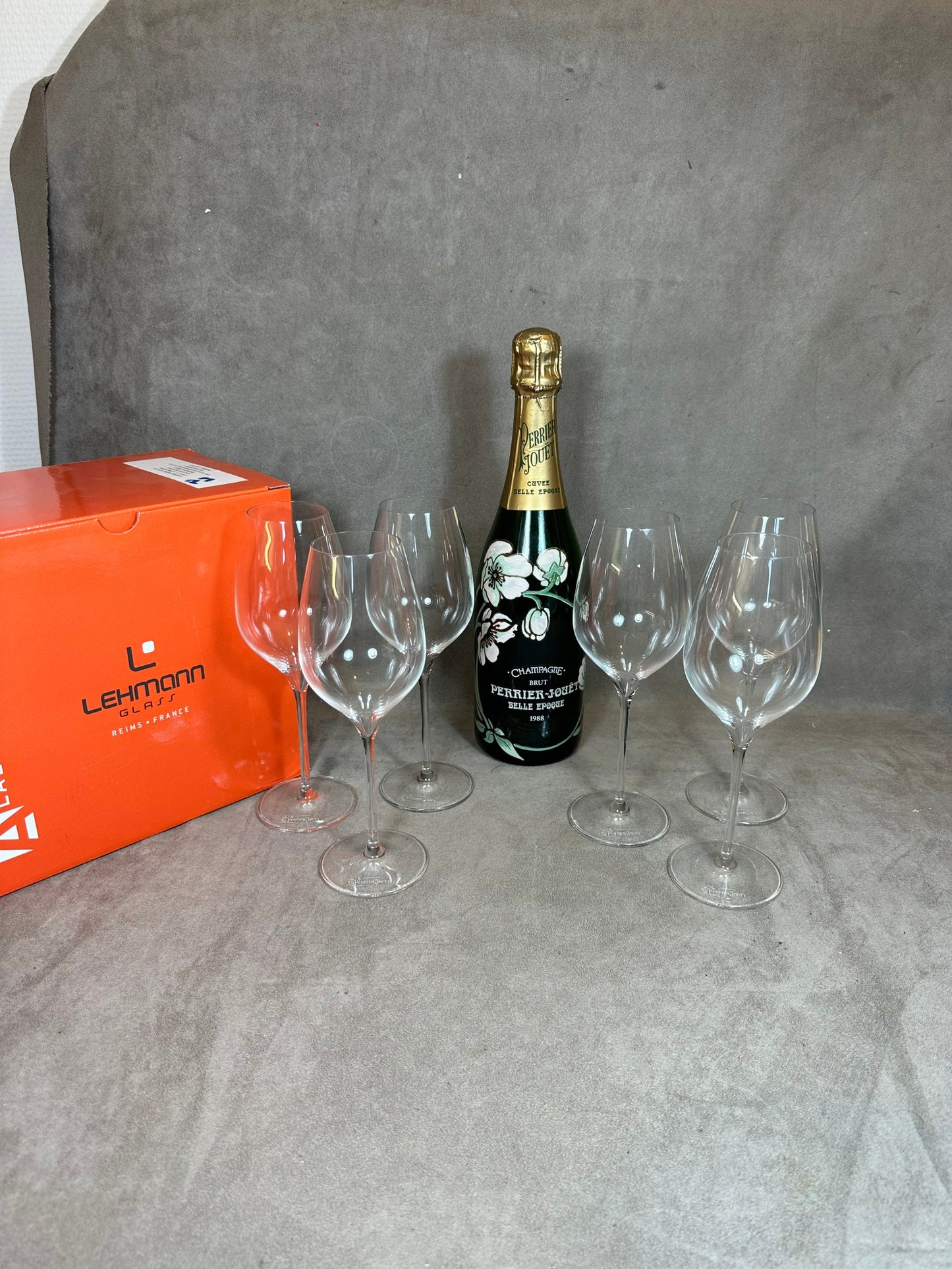 RARE Set of 6 LEHMAN crystal champagne flutes for Perrier-Jouët