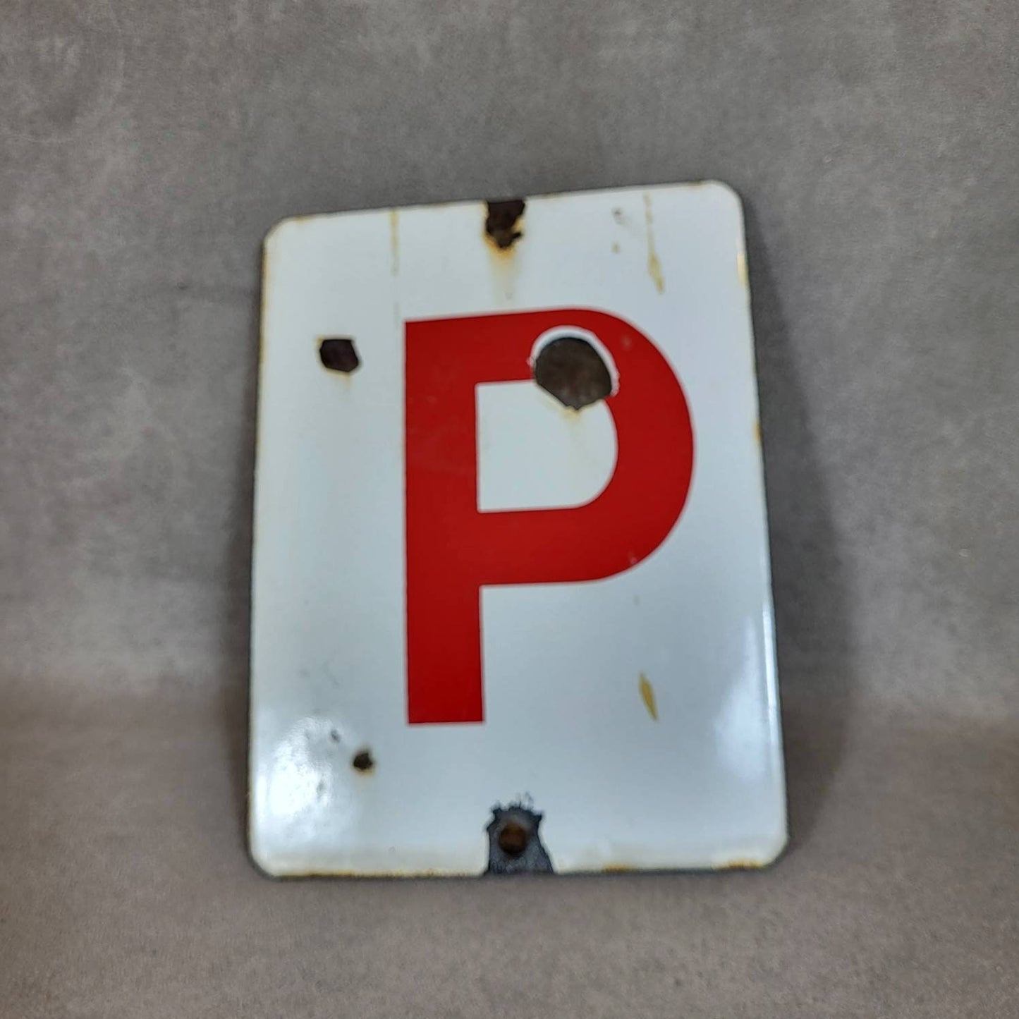 Red and white enamel plate P, Made in France, Vintage 1960