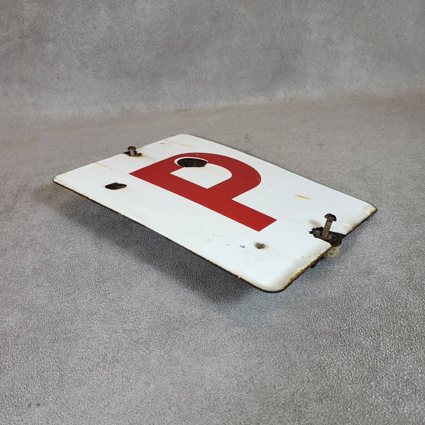 Red and white enamel plate P, Made in France, Vintage 1960