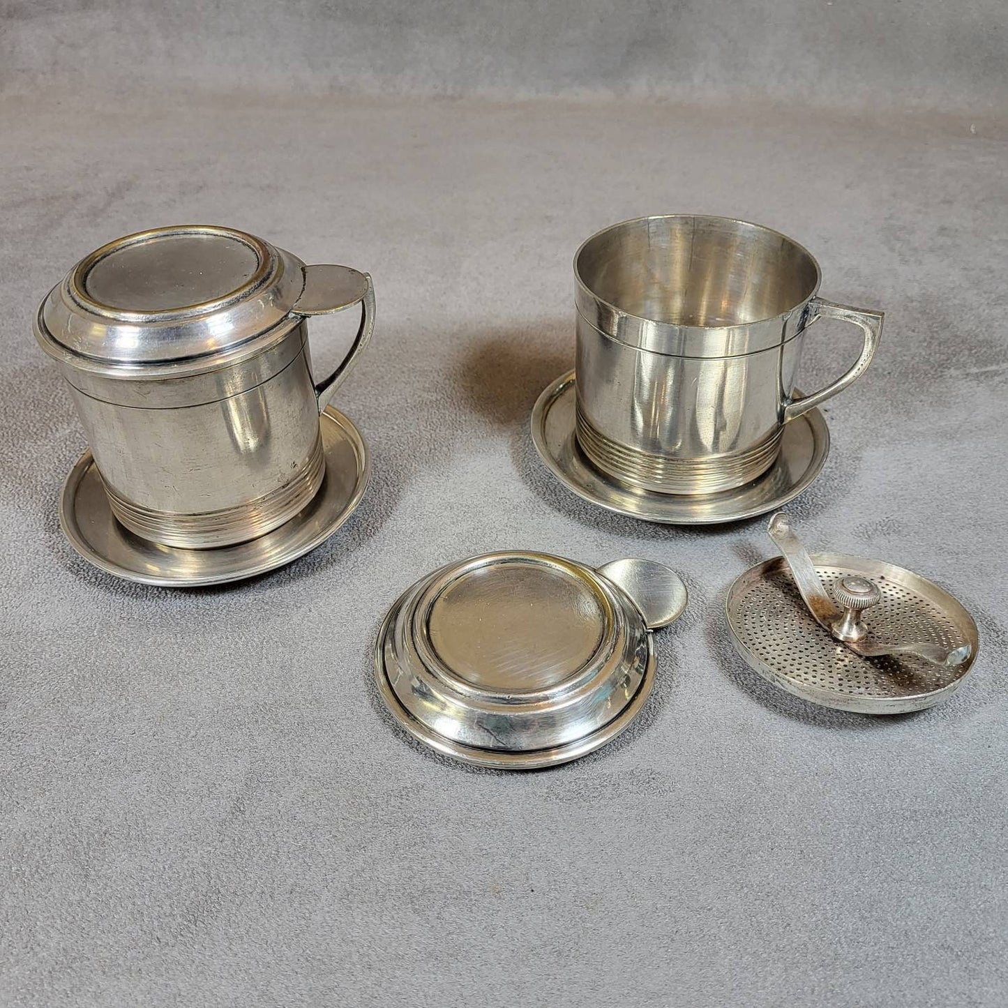 RARE Art Deco Set of 2 vintage silver metal coffee filters Made in France 1920