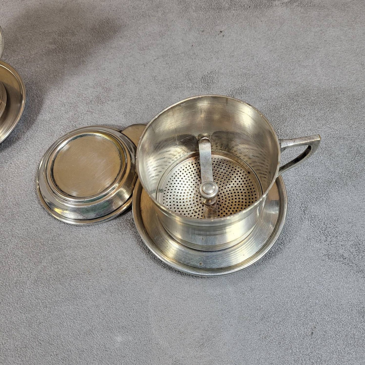 RARE Art Deco Set of 2 vintage silver metal coffee filters Made in France 1920