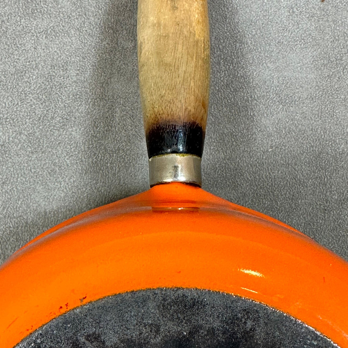 Vintage Le Creuset orange enameled cast iron saucepan with pouring spout and wooden handle Vintage made in France 1970