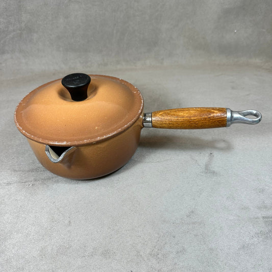 Vintage Le Creuset brown enameled cast iron saucepan with pouring spout and wooden handle Vintage made in France 1970