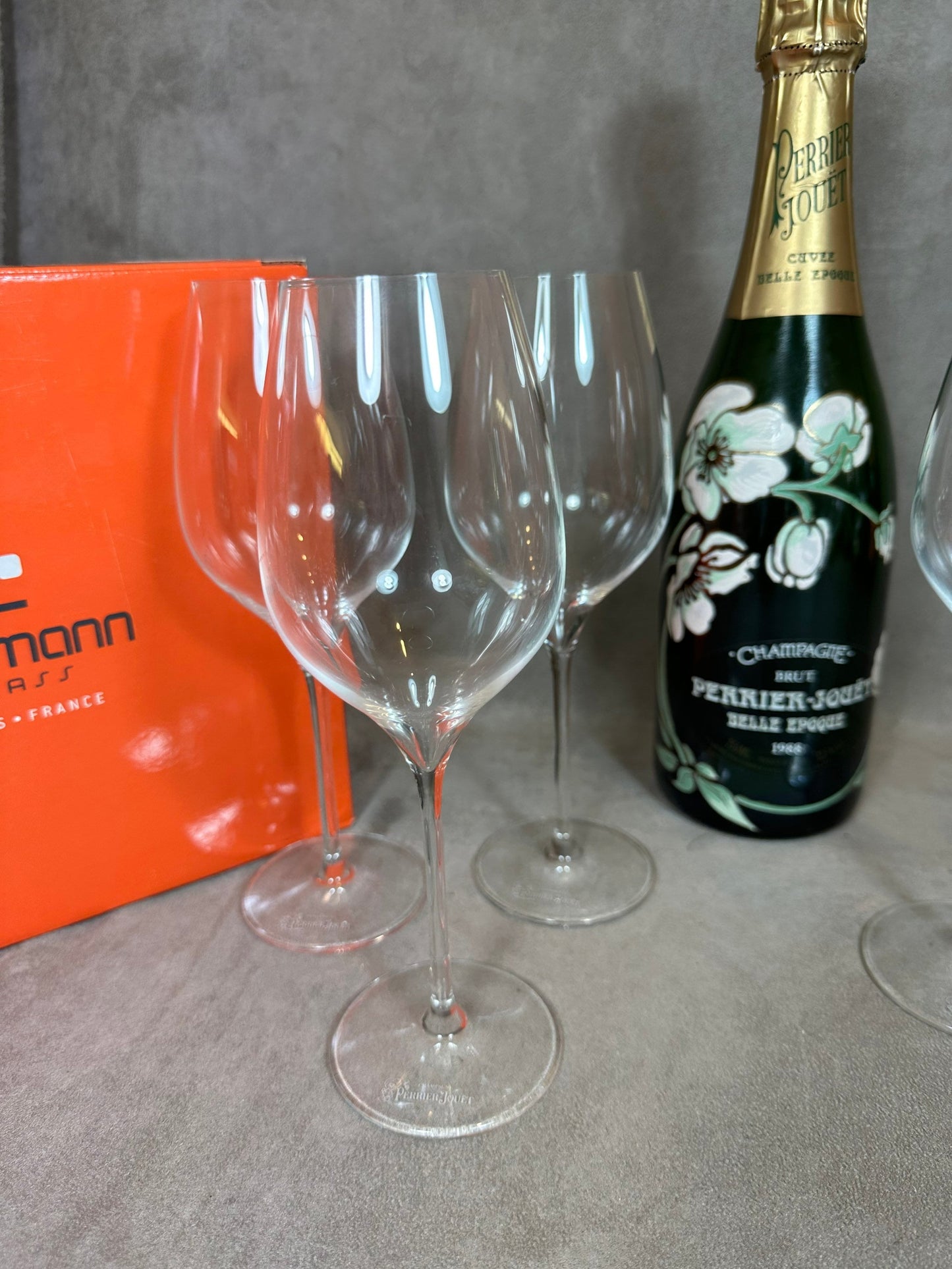 RARE Set of 6 LEHMAN crystal champagne flutes for Perrier-Jouët