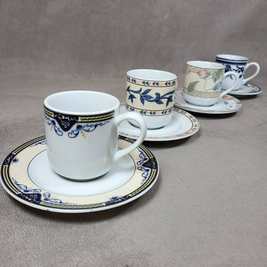 PILLIVUYT set of 4 Apilco porcelain espresso cups assorted blue colors Made in France 1970s