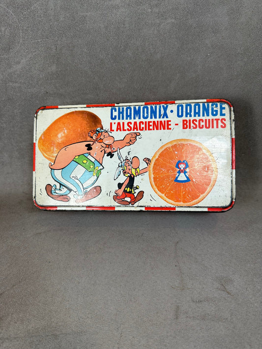 Empty vintage CHAMONIX aluminum box with Asterix and Obelix decor 1970s