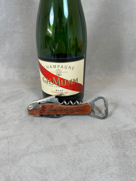Décapsuleur, Tire-bouchon Champagne Mumm en acier et bois Made in France Vintage 1970
