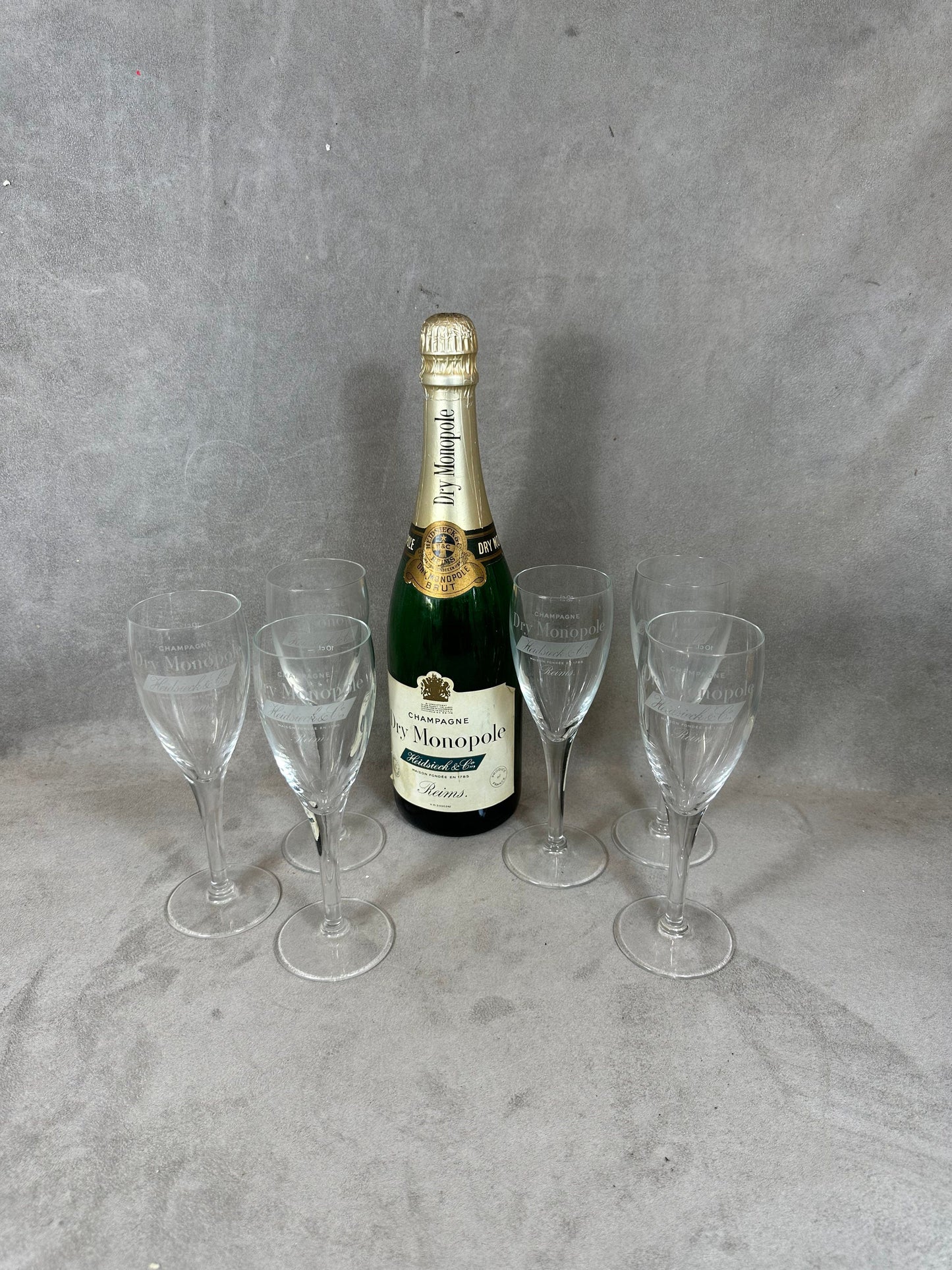 Lot de 6 flûtes à Champagne en verre Heidsieck Monopole Reims Années 1990
