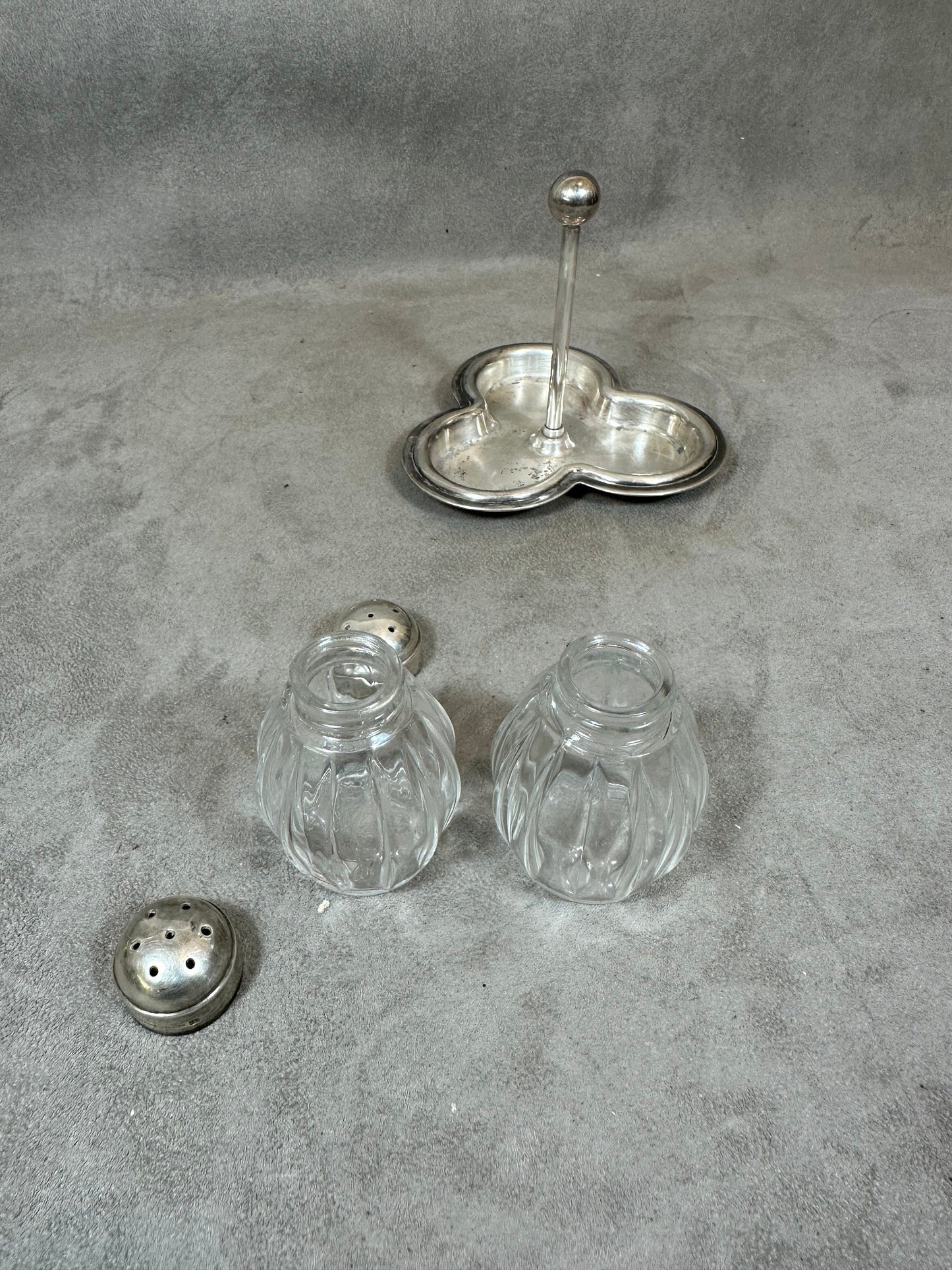 RARE Magnificent set of 2 salt cellars and a mustard pot in crystal CHRISTOFLE ORFEVRERIE in silver Made in France 1950s