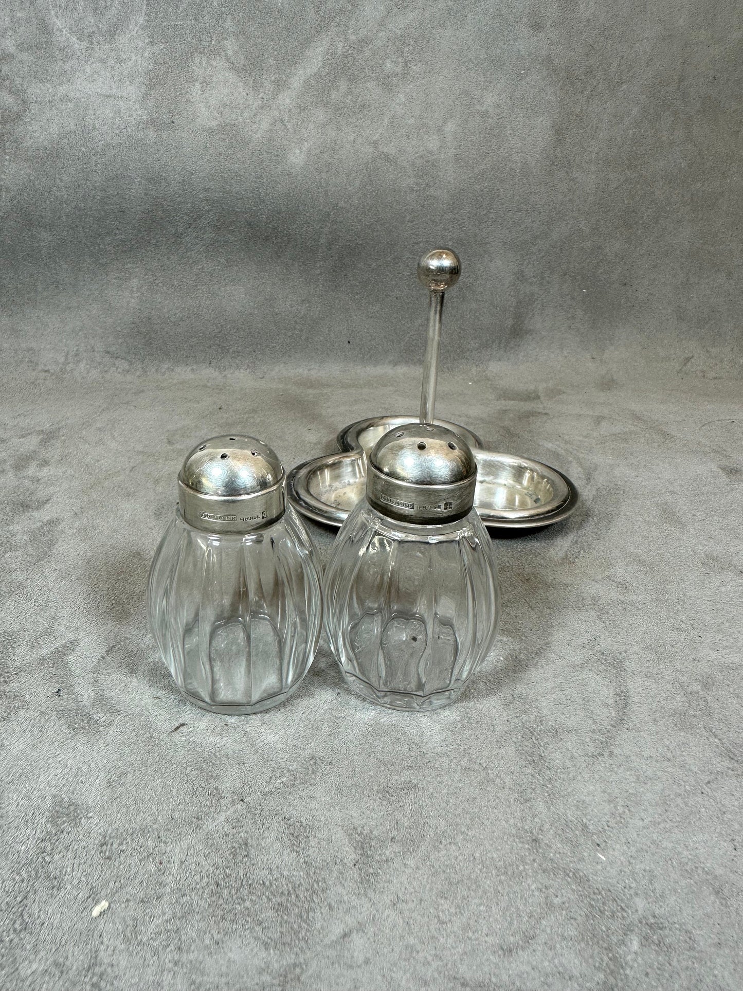 RARE Magnificent set of 2 salt cellars and a mustard pot in crystal CHRISTOFLE ORFEVRERIE in silver Made in France 1950s