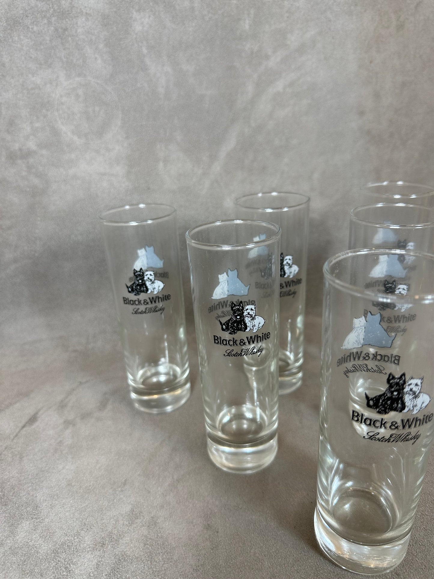 Set of 6 Black&amp;White Whisky vintage glass glasses Made in France 1990s