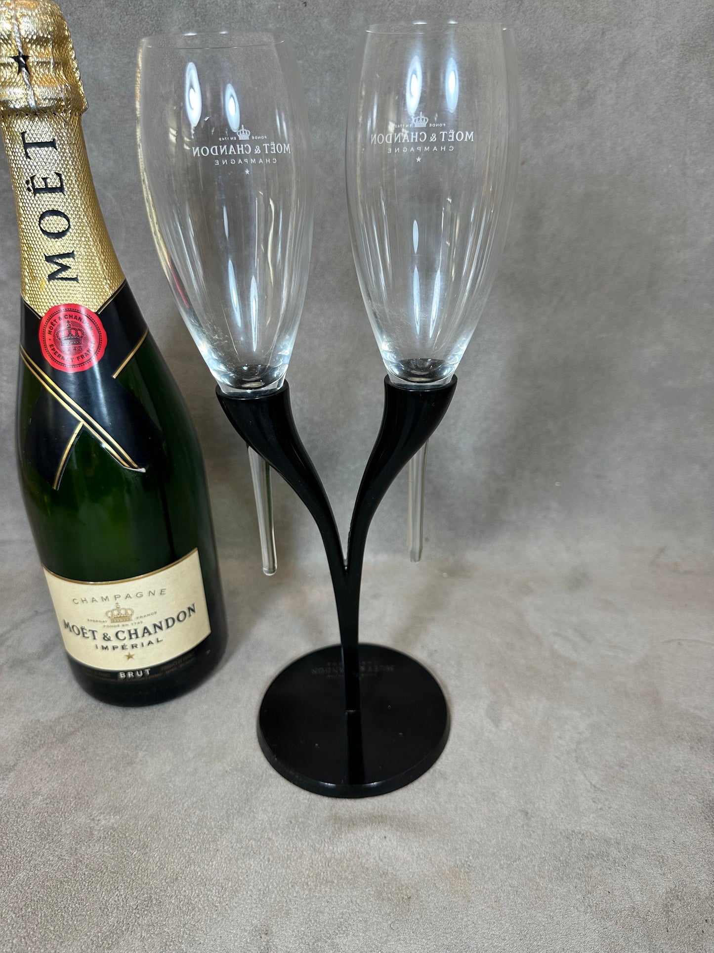 RARE Toi &amp; Moi of two Moet et Chandon champagne glasses in vintage glass and metal Made in France by Philippe Di Méo Reso Design