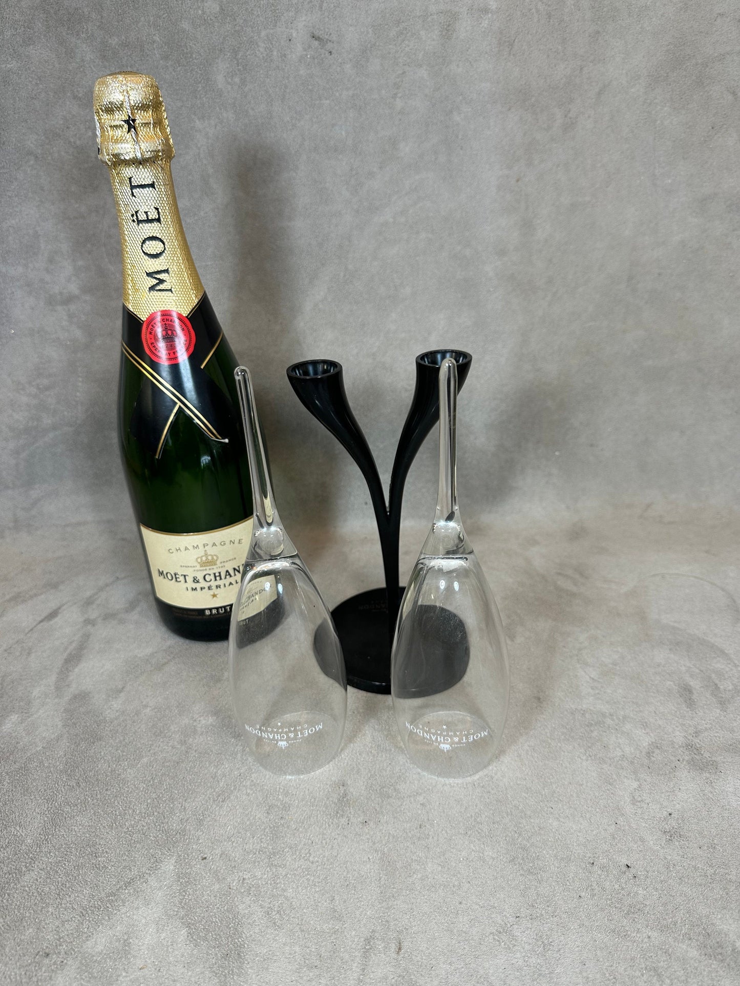 RARE Toi &amp; Moi of two Moet et Chandon champagne glasses in vintage glass and metal Made in France by Philippe Di Méo Reso Design