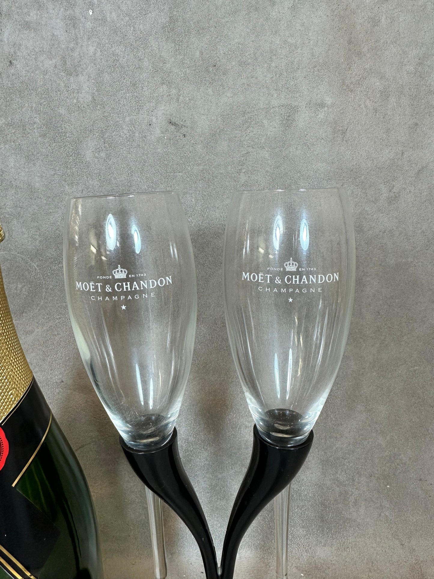 RARE Toi &amp; Moi of two Moet et Chandon champagne glasses in vintage glass and metal Made in France by Philippe Di Méo Reso Design