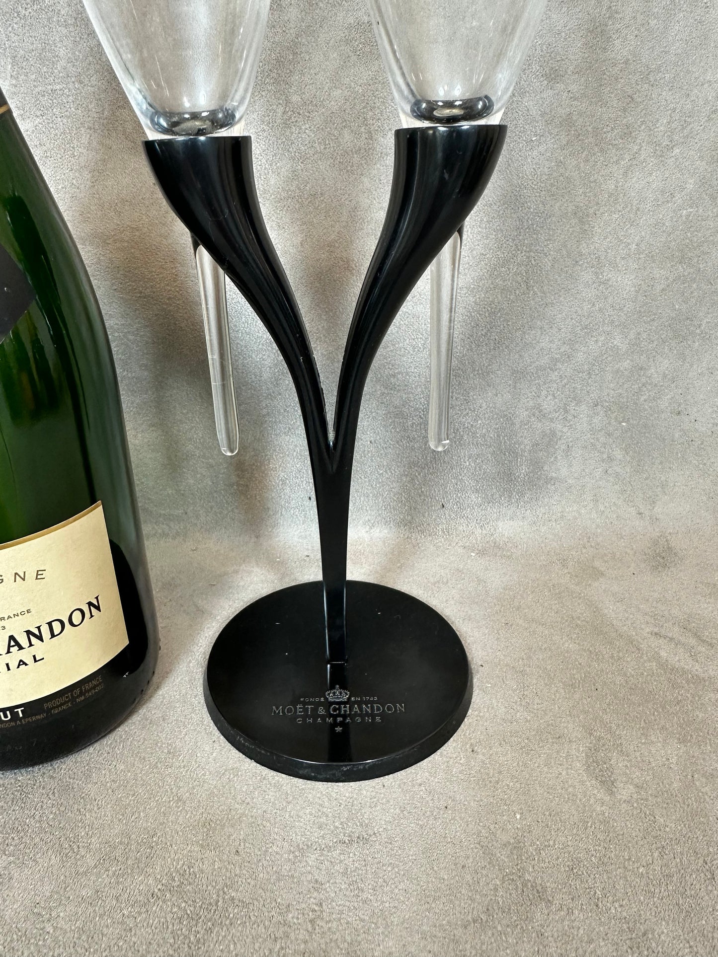 RARE Toi &amp; Moi of two Moet et Chandon champagne glasses in vintage glass and metal Made in France by Philippe Di Méo Reso Design