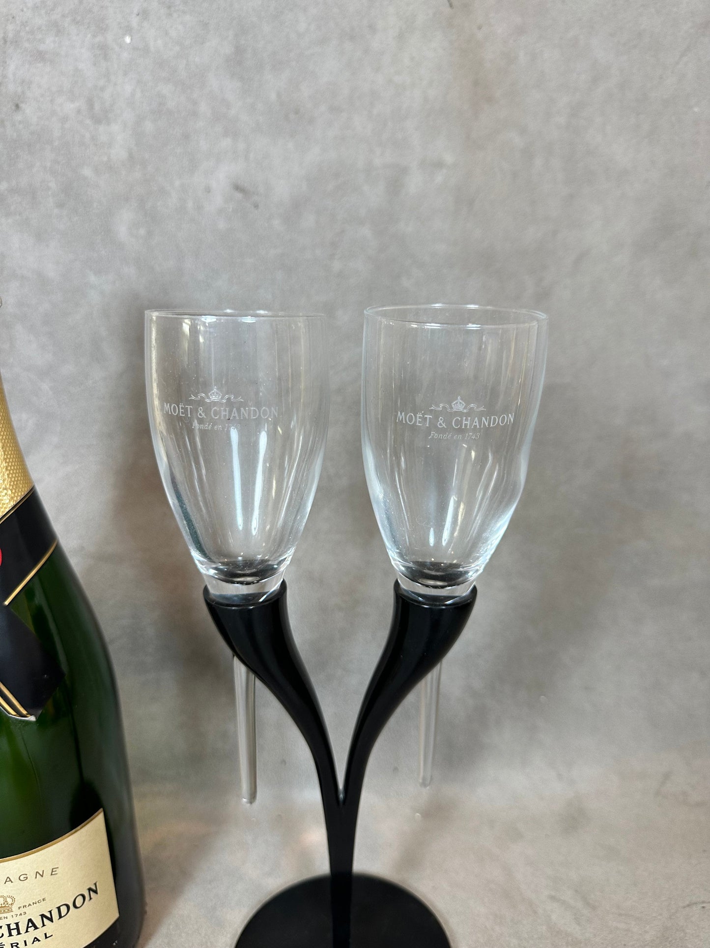 RARE Toi & Moi de deux coupes à champagne Moet et Chandon en verre et métal vintage Made in france par Philippe Di Méo Reso Design