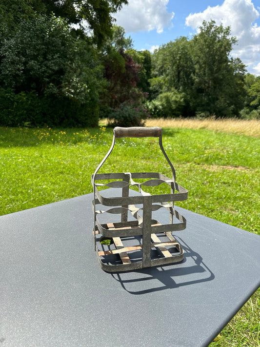 Basket for 4 bottles old in metal and wood Made in France vintage 1950s