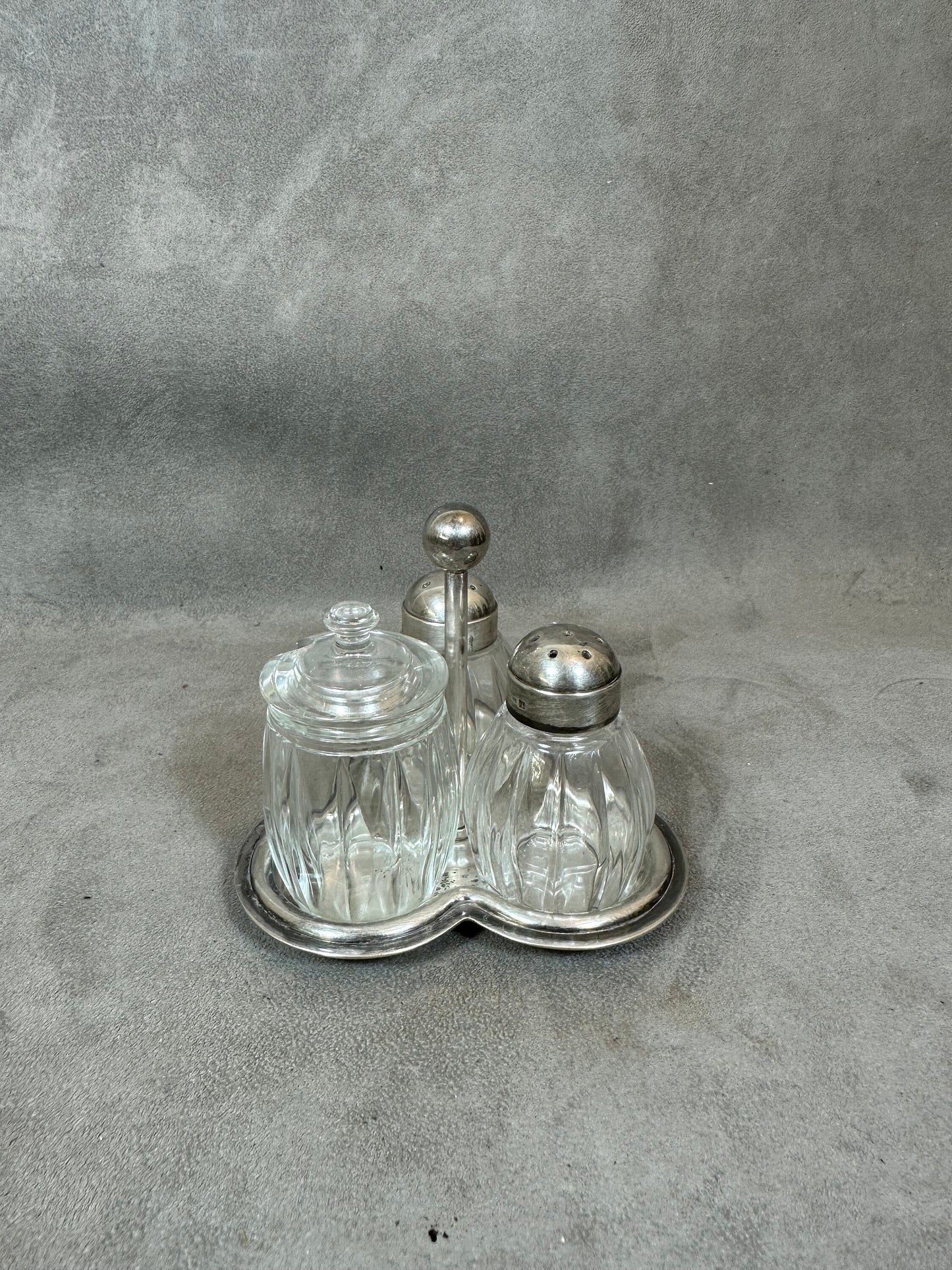 RARE Magnificent set of 2 salt cellars and a mustard pot in crystal CHRISTOFLE ORFEVRERIE in silver Made in France 1950s