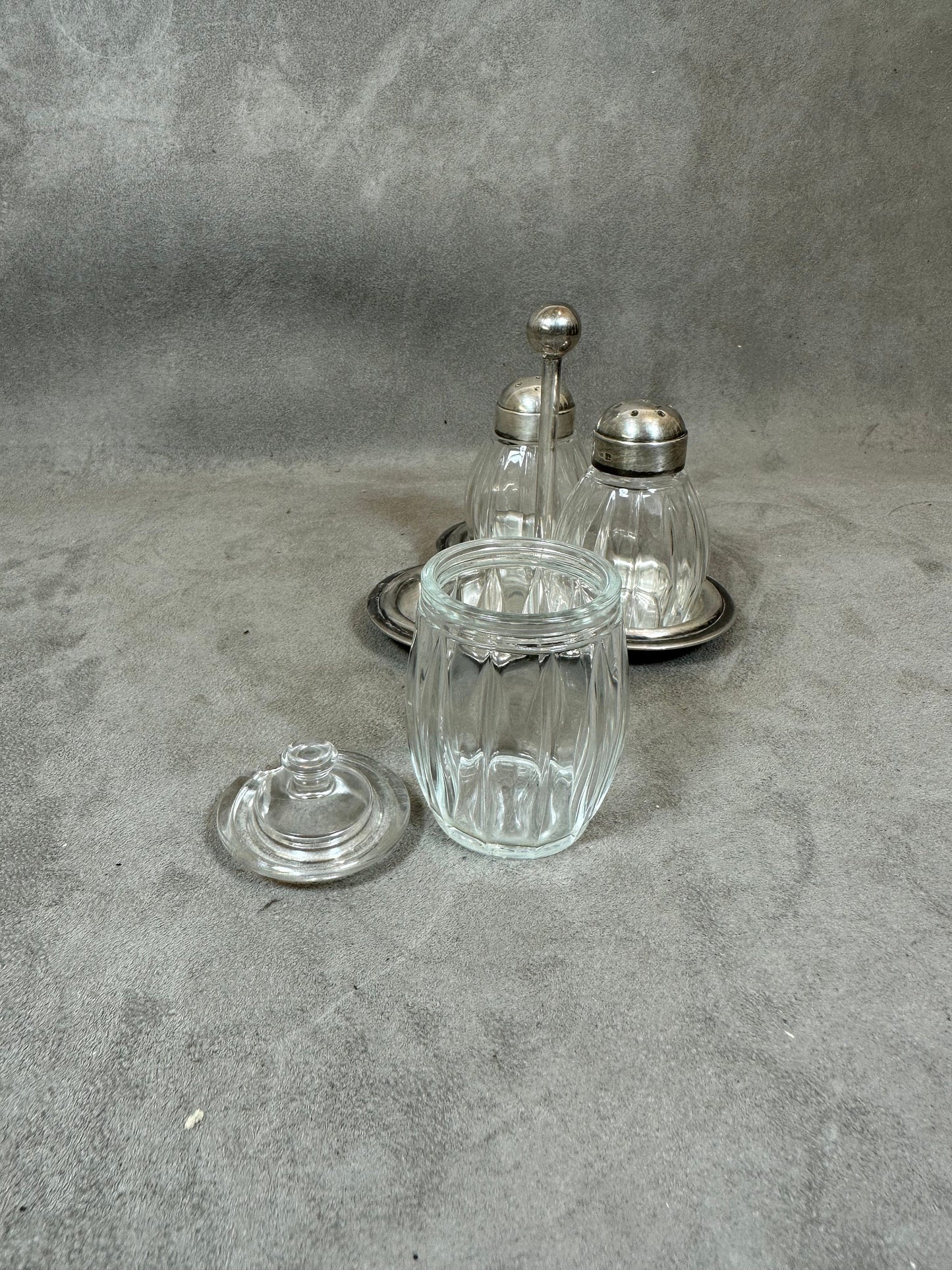 RARE Magnificent set of 2 salt cellars and a mustard pot in crystal CHRISTOFLE ORFEVRERIE in silver Made in France 1950s