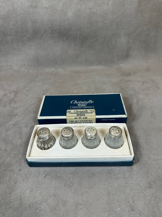 Set of 4 CHRISTOFLE ORFEVRERIE solid silver salt cellars in original box Made in France 1950s