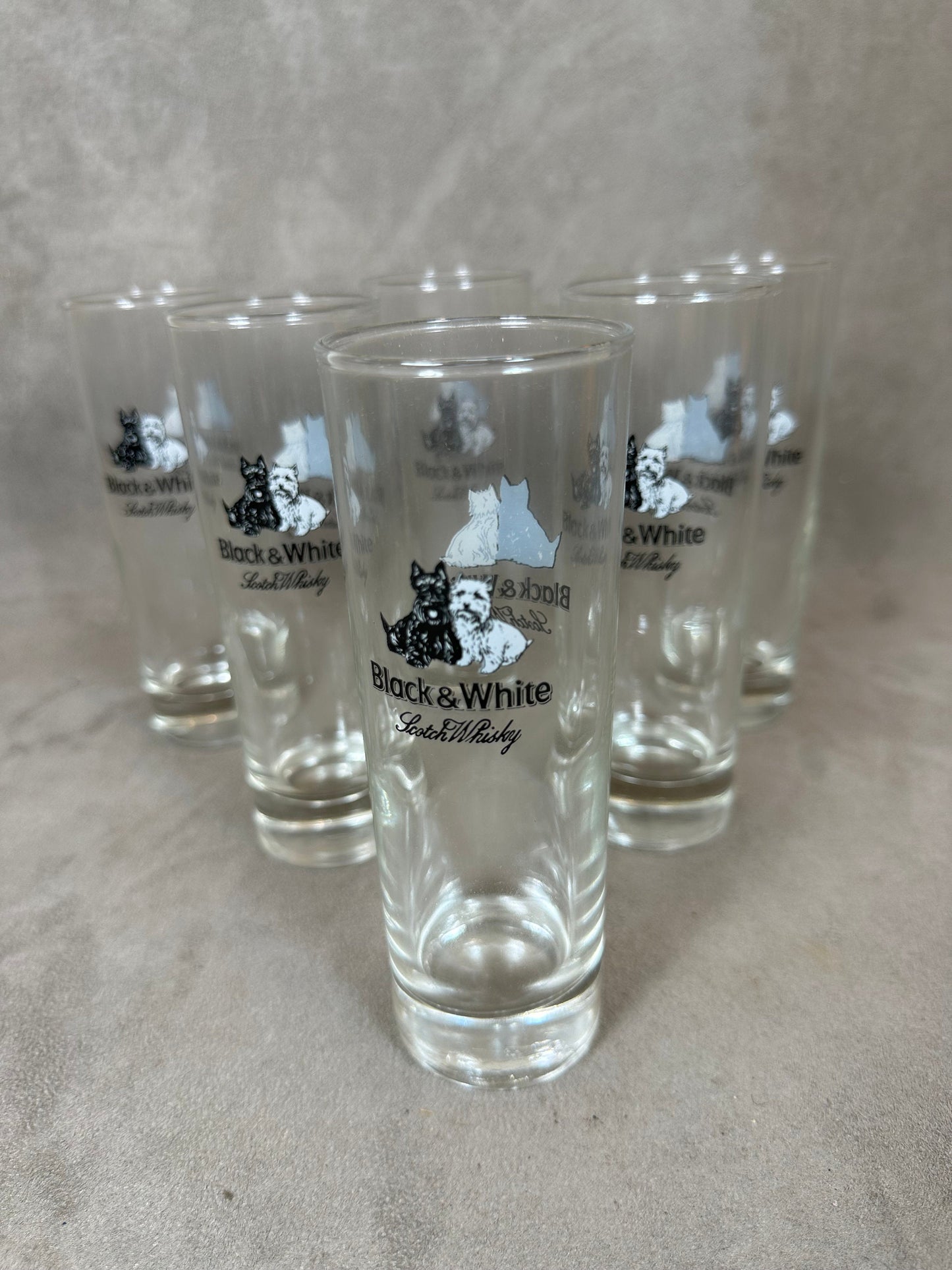 Set of 6 Black&amp;White Whisky vintage glass glasses Made in France 1990s