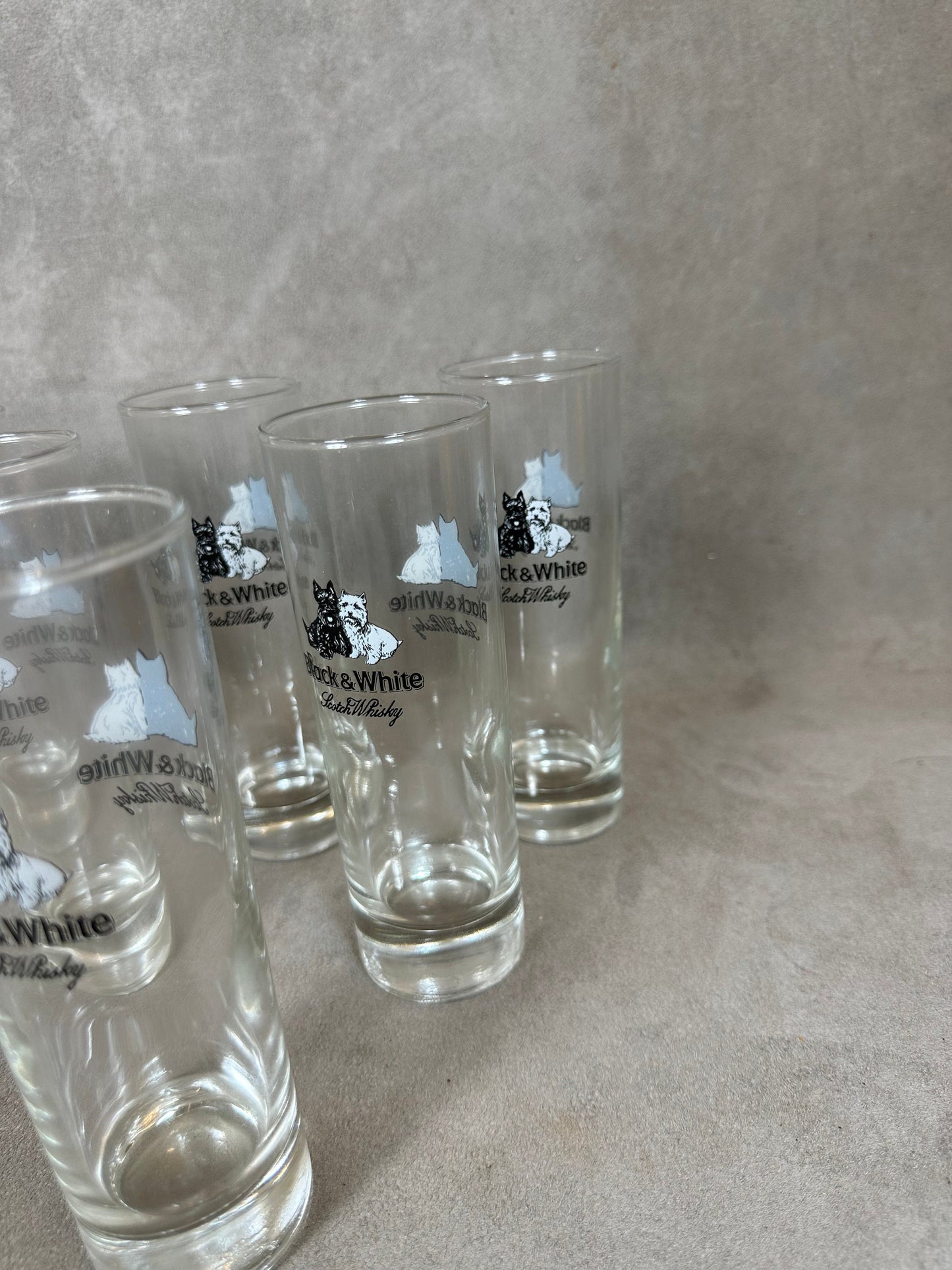 Set of 6 Black&amp;White Whisky vintage glass glasses Made in France 1990s