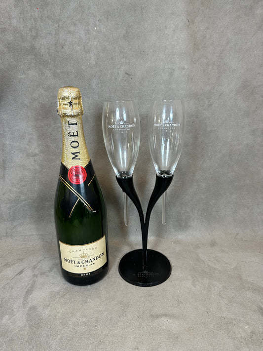 RARE Toi &amp; Moi of two Moet et Chandon champagne glasses in vintage glass and metal Made in France by Philippe Di Méo Reso Design