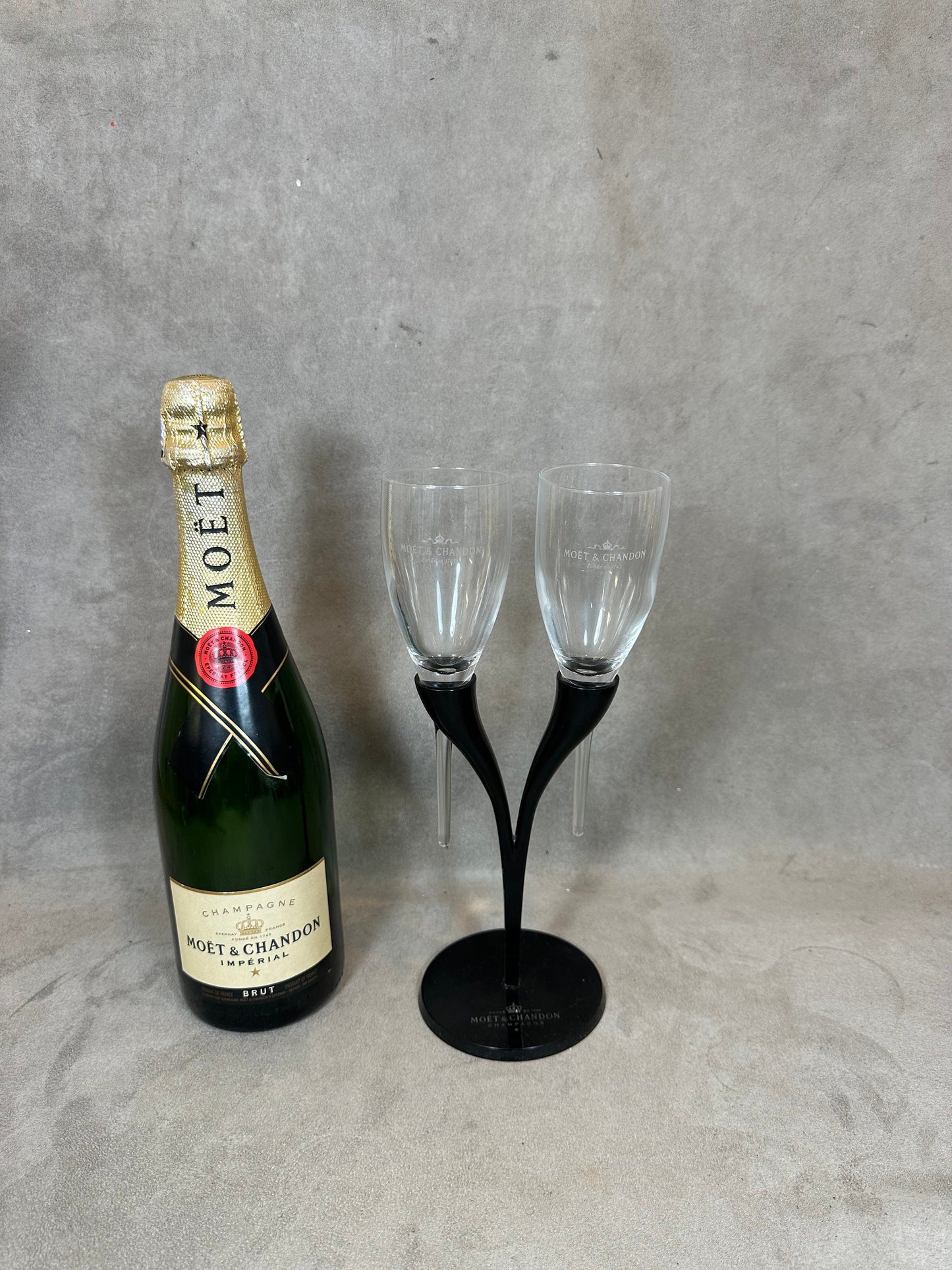 RARE Toi & Moi de deux coupes à champagne Moet et Chandon en verre et métal vintage Made in france par Philippe Di Méo Reso Design