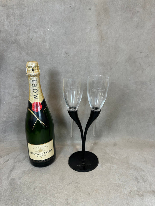 RARE Toi &amp; Moi of two Moet et Chandon champagne glasses in vintage glass and metal Made in France by Philippe Di Méo Reso Design